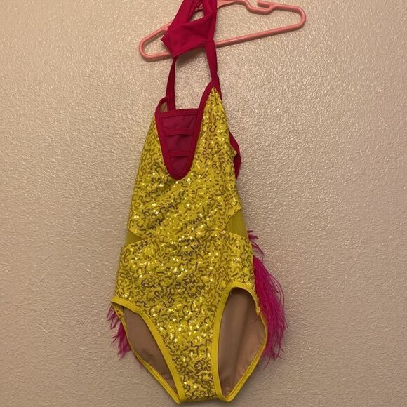 Weissman Elite Dance costume yellow sequin Feather Bustle Leotard SQ11458 XSA - Picture 2 of 8